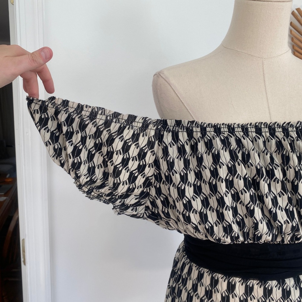 Vintage Y2K Boatneck Max Studio Petite Blouse Cream Black Pattern Office Siren - Picture 5 of 12